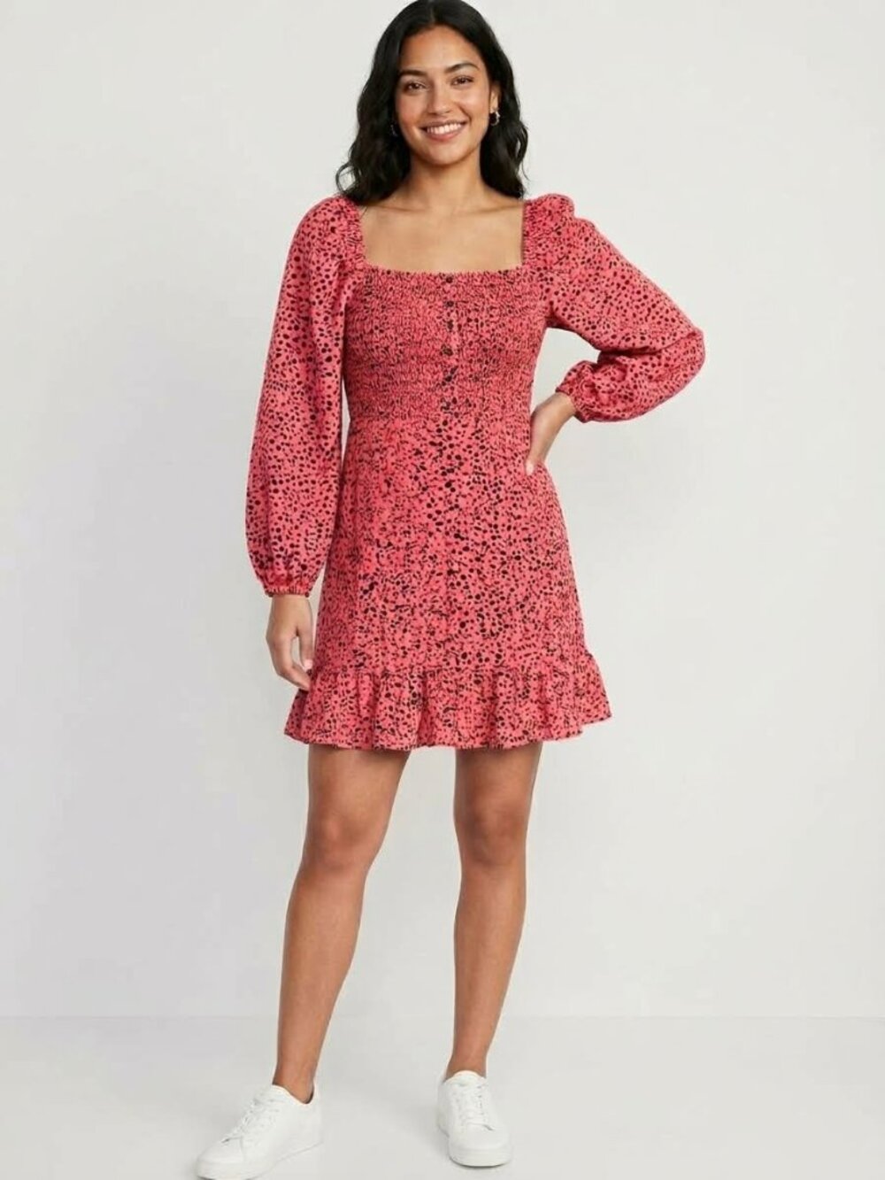 NWT Scoop Pink Black Leopard Dot Square Neck Ruffle Mini Dress L
